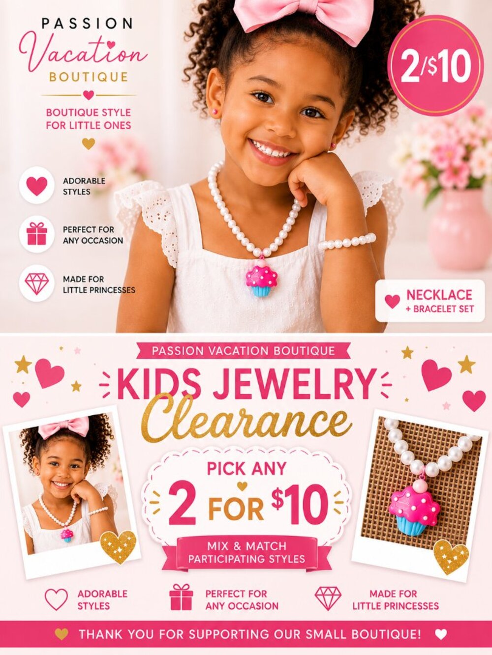 2/$10 Girls Pink Cupcake Pearl Necklace & Bracelet Set